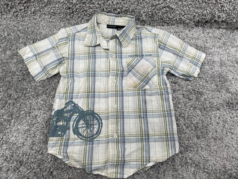 Calvin Klein Jeans Boys Button Up Shirt Multicolor Size 5 Plaid Motorcycle Print
